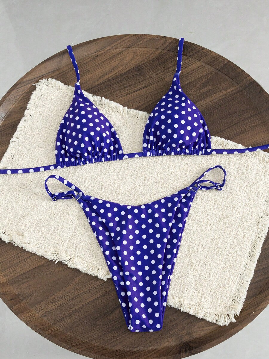Women's printed halter neck tie two-piece swimwear featuring a wireless triangle top with removable padding and high-waist high-cut bikini bottoms.