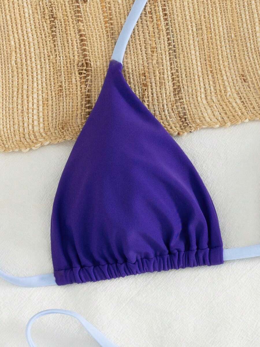 Women's printed halter neck tie two-piece swimwear featuring a wireless triangle top with removable padding and high-waist high-cut bikini bottoms.