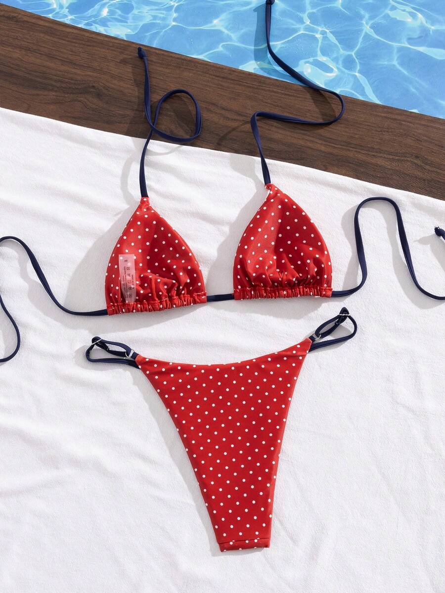 Women's printed halter neck tie two-piece swimwear featuring a wireless triangle top with removable padding and high-waist high-cut bikini bottoms.