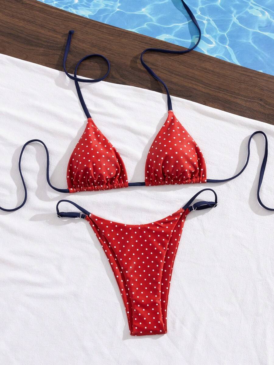 Women's printed halter neck tie two-piece swimwear featuring a wireless triangle top with removable padding and high-waist high-cut bikini bottoms.