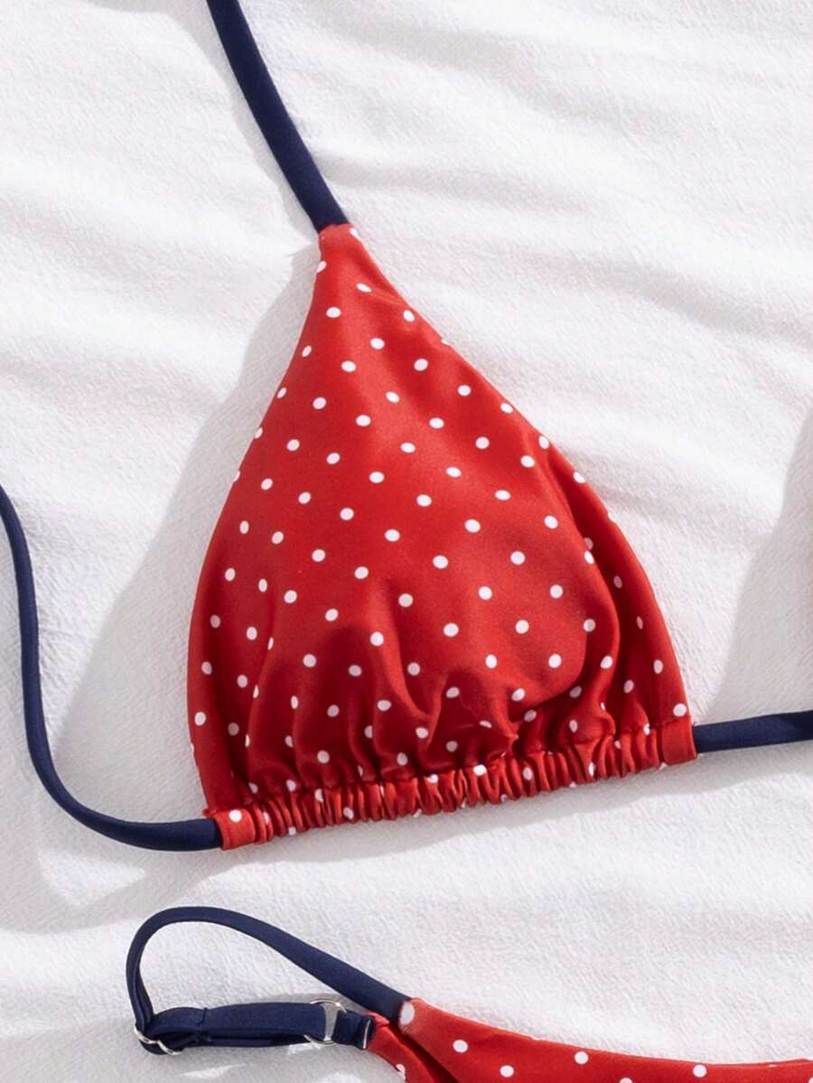 Women's printed halter neck tie two-piece swimwear featuring a wireless triangle top with removable padding and high-waist high-cut bikini bottoms.