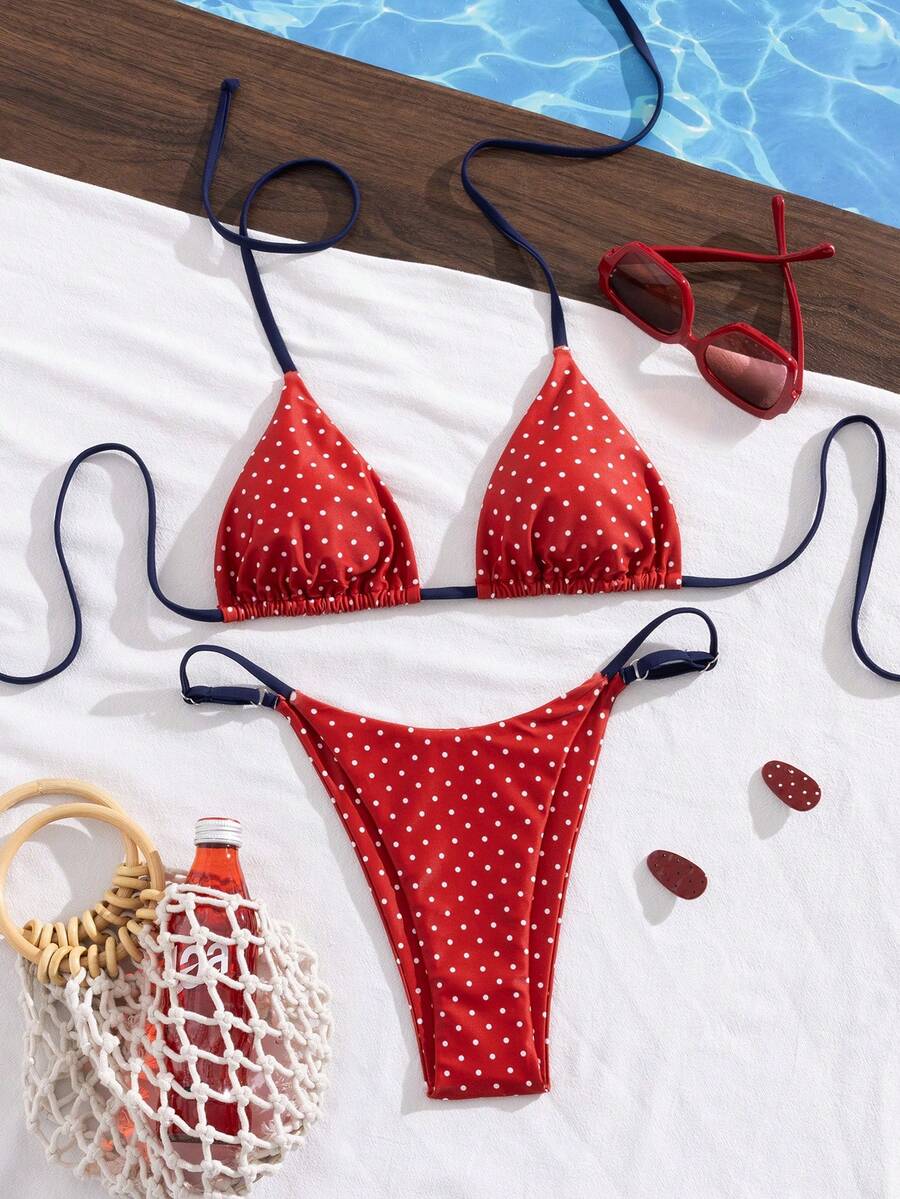 Women's printed halter neck tie two-piece swimwear featuring a wireless triangle top with removable padding and high-waist high-cut bikini bottoms.