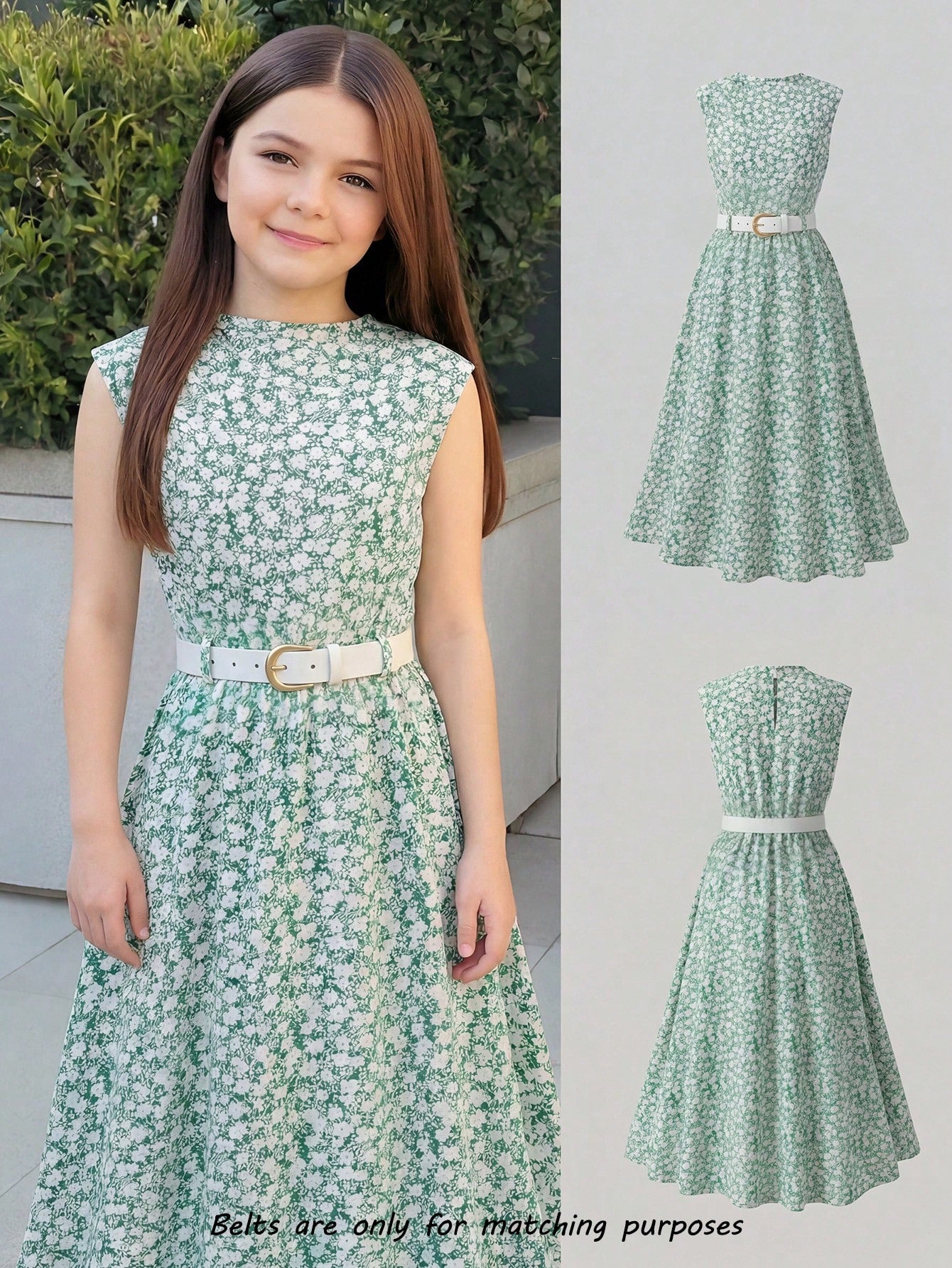 Tween girl wearing an apricot plant print sleeveless A-line long dress with a round neckline and flared skirt.
