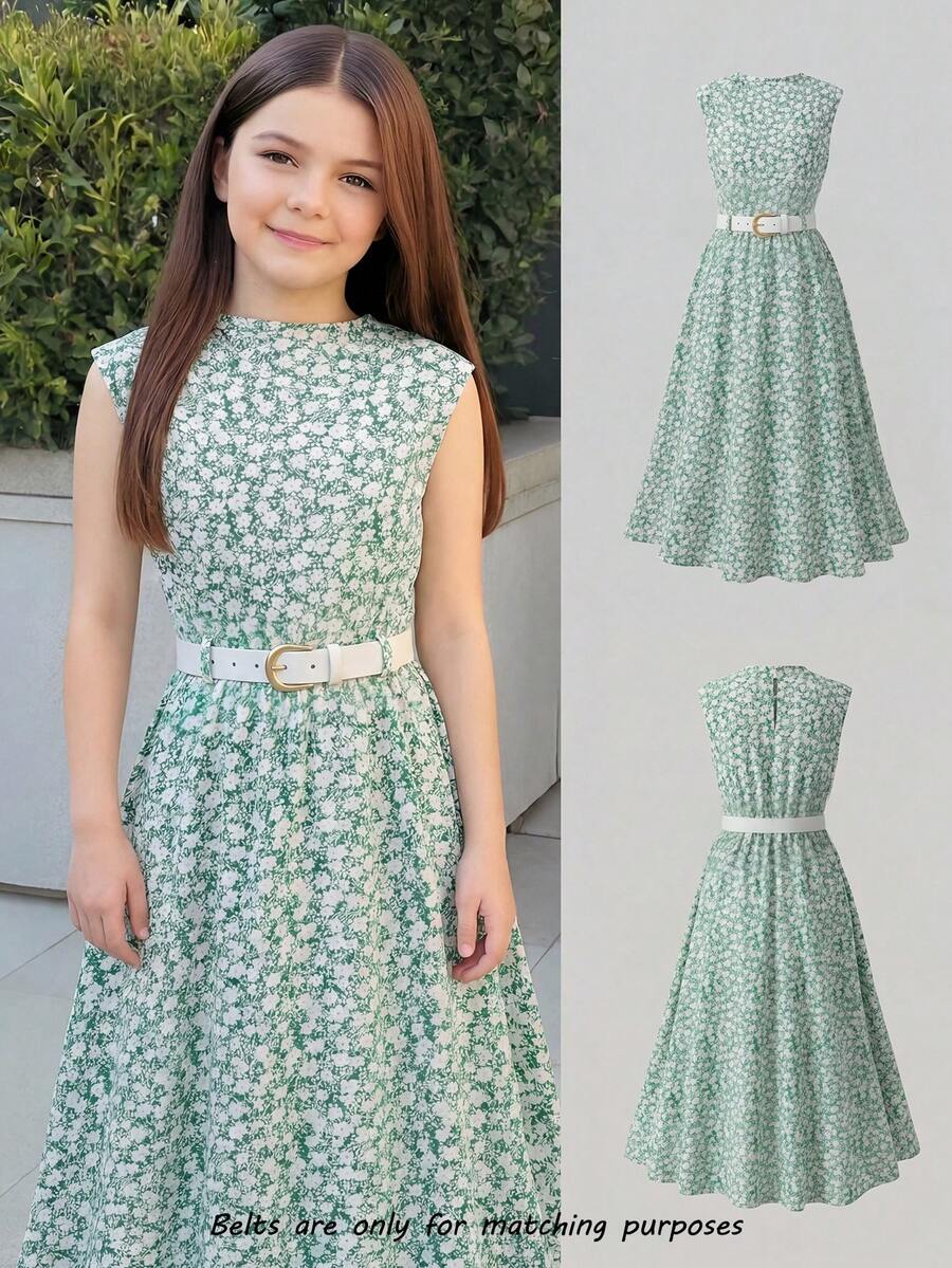 Tween girl wearing an apricot plant print sleeveless A-line long dress with a round neckline and flared skirt.