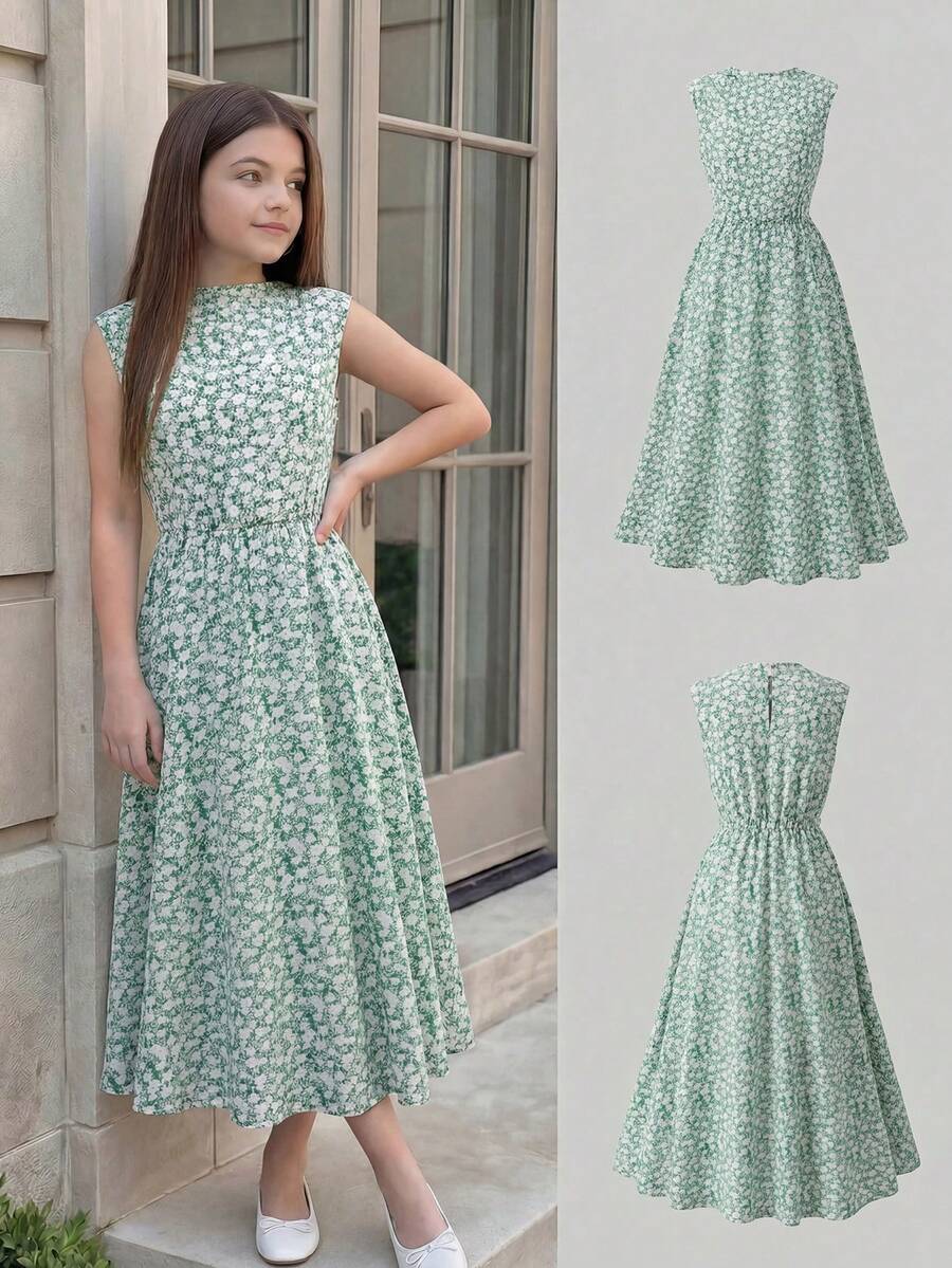 Tween girl wearing an apricot plant print sleeveless A-line long dress with a round neckline and flared skirt.