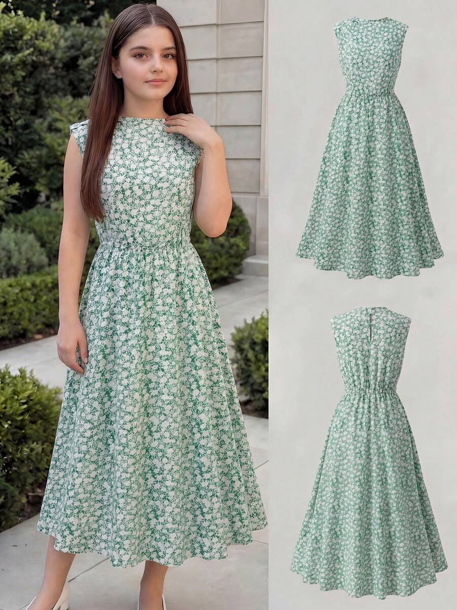 Tween girl wearing an apricot plant print sleeveless A-line long dress with a round neckline and flared skirt.