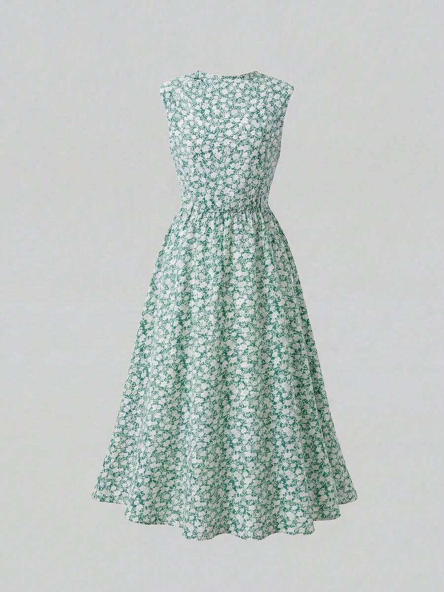 Tween girl wearing an apricot plant print sleeveless A-line long dress with a round neckline and flared skirt.
