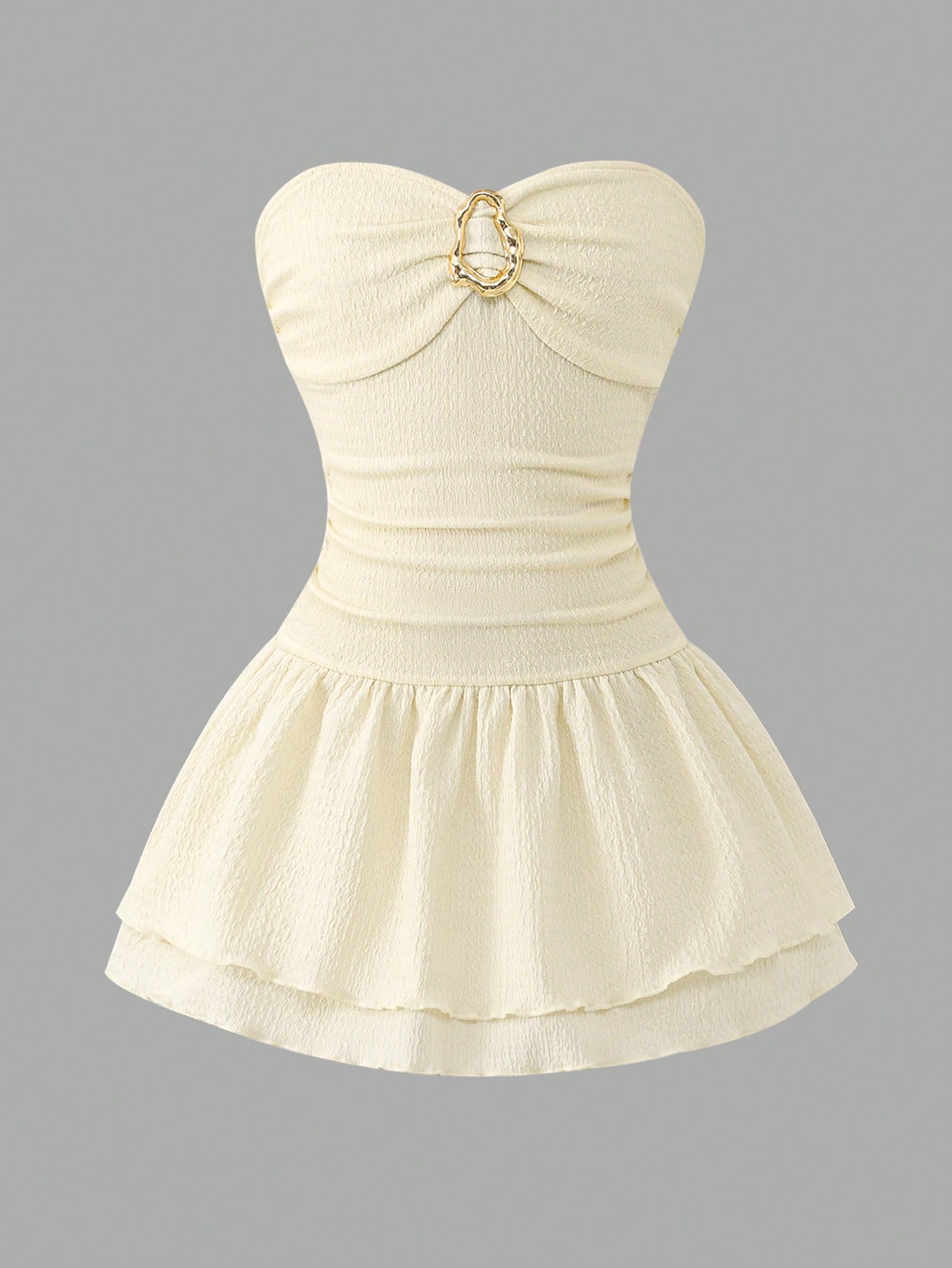Tween girls apricot sleeveless halter mini dress with textured starfish and shell decor, shirred tiered layer, high waist, and flounce hem.