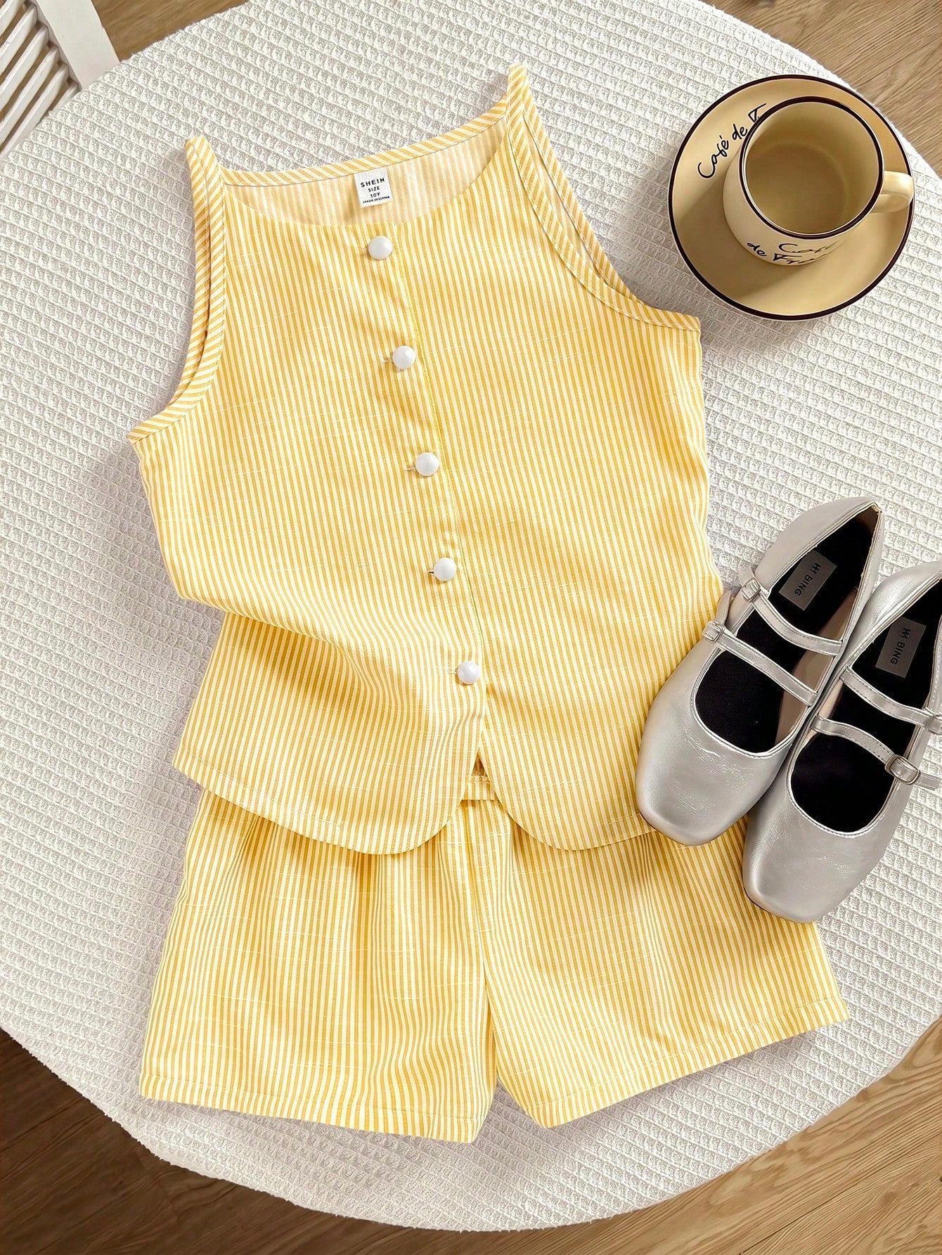 Tween girls apricot striped knit camisole top with button front paired with matching casual elastic waist shorts