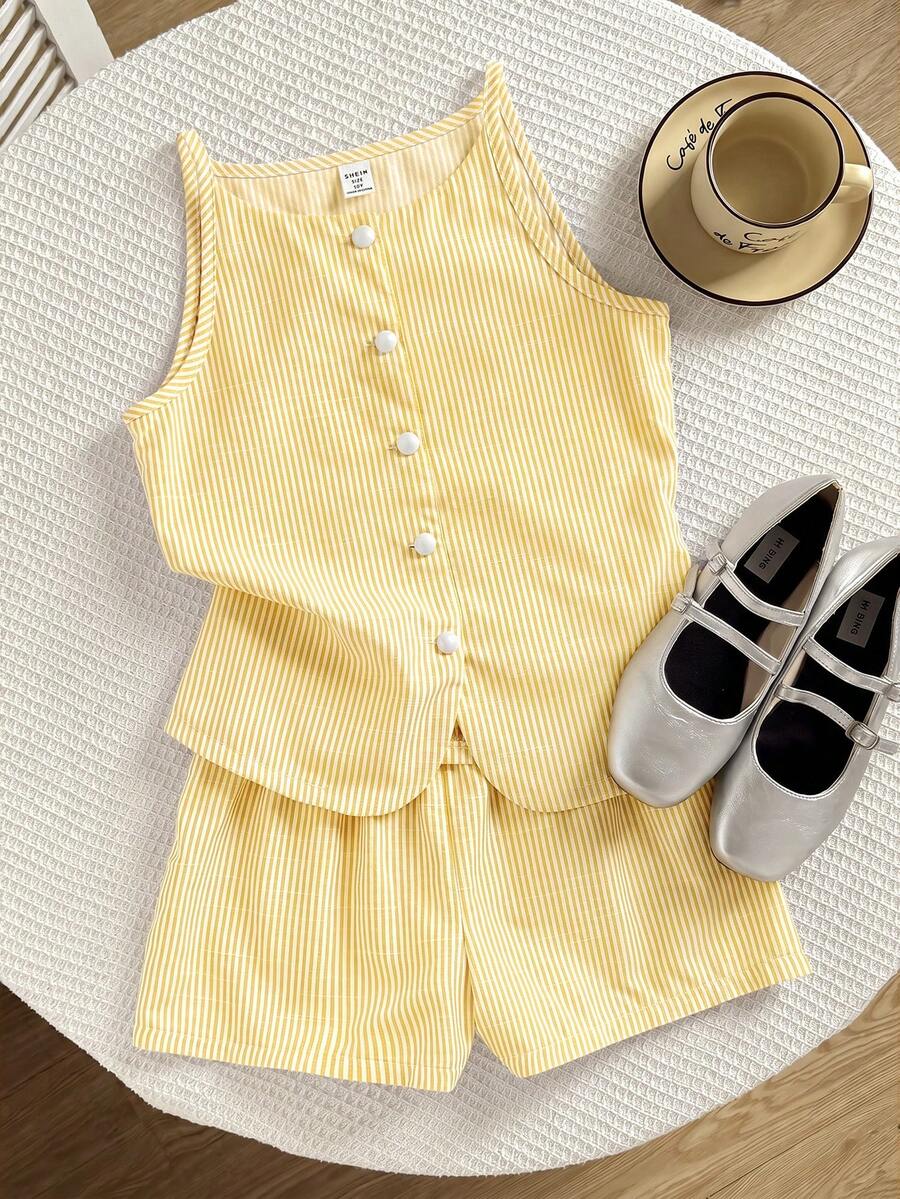 Tween girls apricot striped knit camisole top with button front paired with matching casual elastic waist shorts
