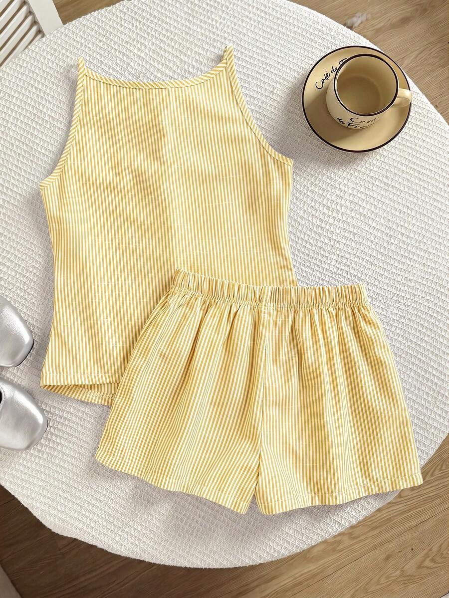 Tween girls apricot striped knit camisole top with button front paired with matching casual elastic waist shorts
