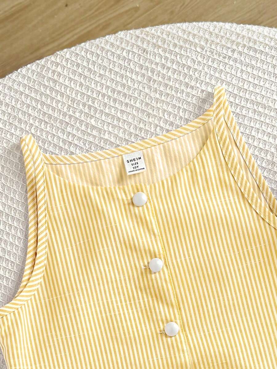 Tween girls apricot striped knit camisole top with button front paired with matching casual elastic waist shorts