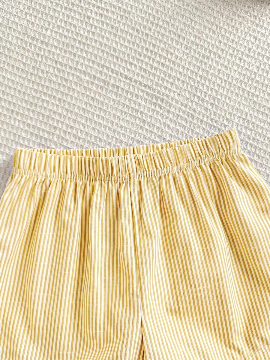 Tween girls apricot striped knit camisole top with button front paired with matching casual elastic waist shorts