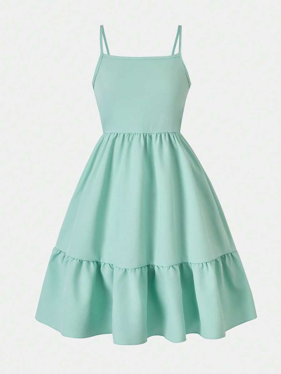 Tween girl blue plant print spaghetti strap cami dress with shirred high waist and flounce ruffled hem
