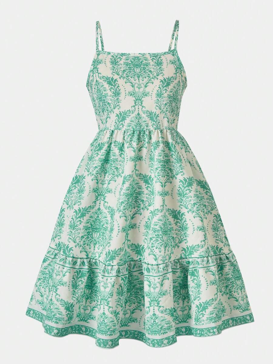 Tween girl blue plant print spaghetti strap cami dress with shirred high waist and flounce ruffled hem