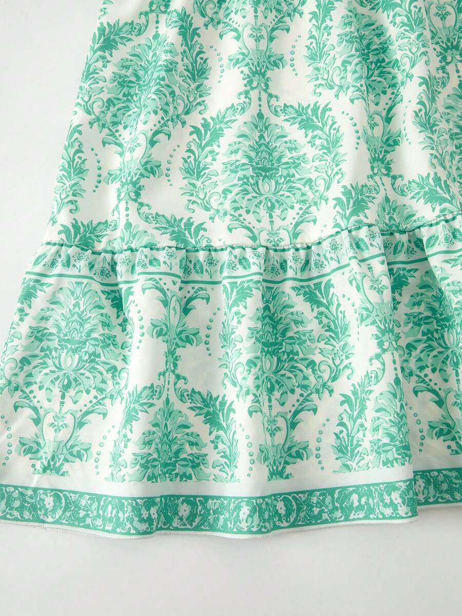 Tween girl blue plant print spaghetti strap cami dress with shirred high waist and flounce ruffled hem