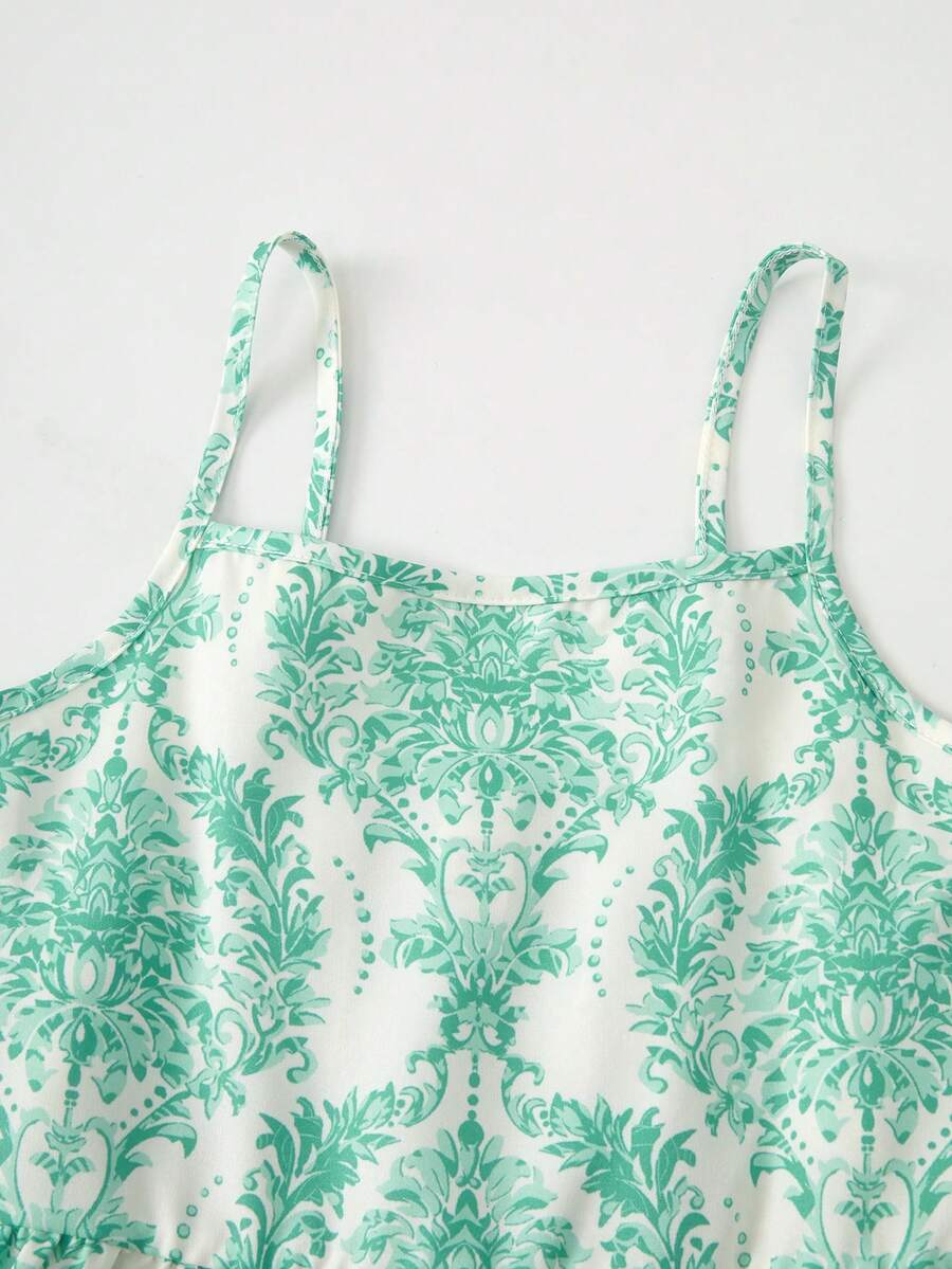 Tween girl blue plant print spaghetti strap cami dress with shirred high waist and flounce ruffled hem