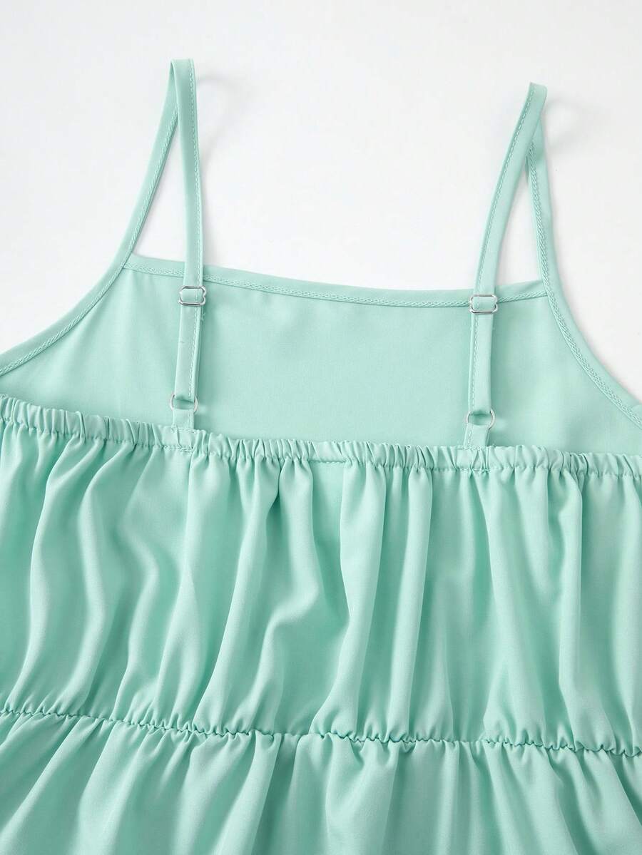Tween girl blue plant print spaghetti strap cami dress with shirred high waist and flounce ruffled hem