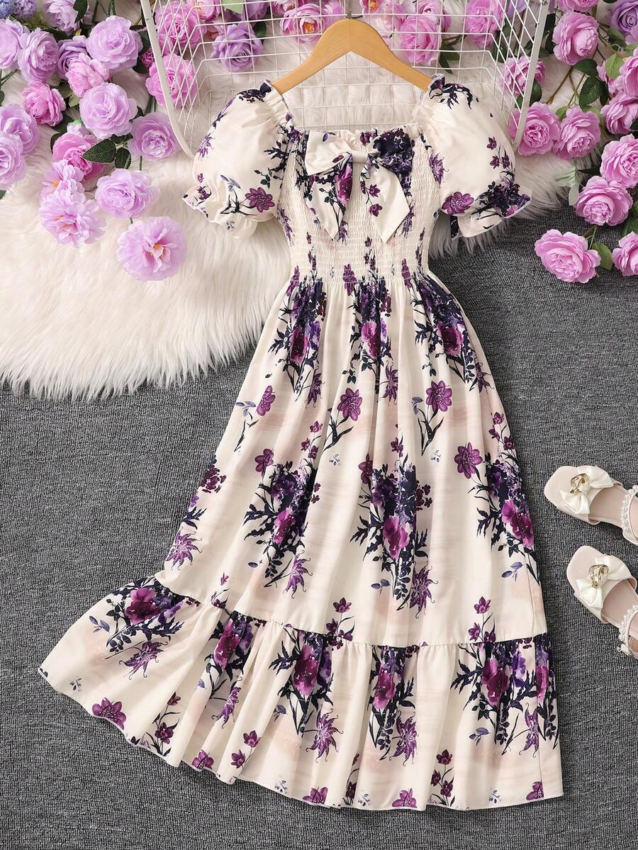 Tween girls black and white geometric short sleeve midi dress with square neck and bow front decor