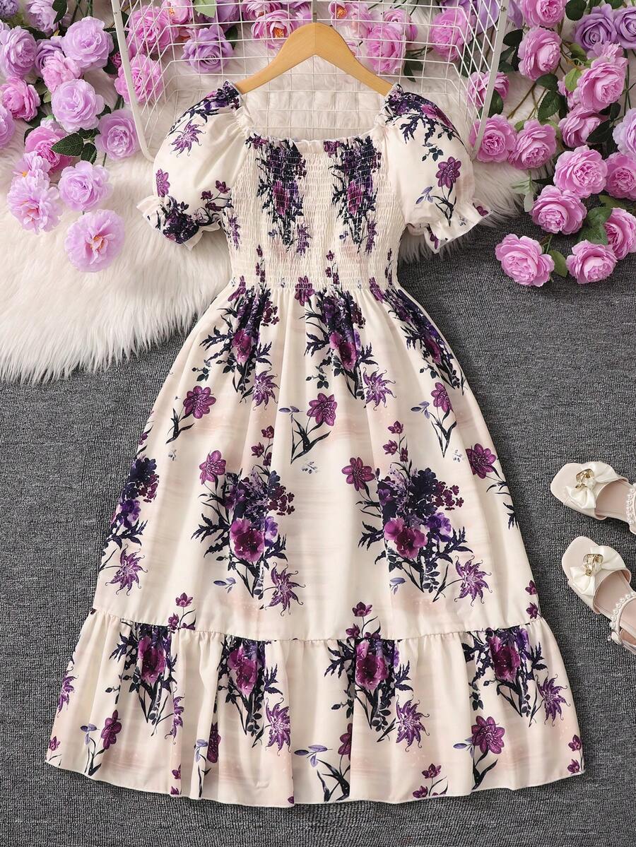 Tween girls black and white geometric short sleeve midi dress with square neck and bow front decor