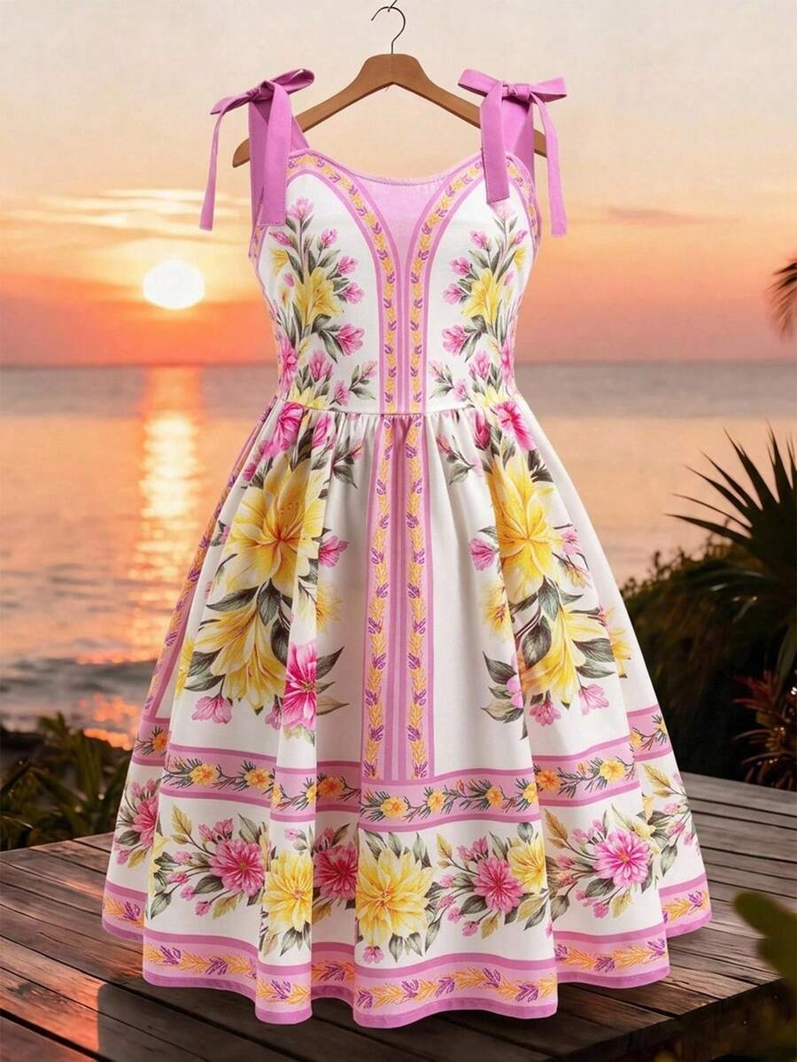 Tween girl blue plant print spaghetti strap cami dress with shirred high waist and flounce ruffled hem