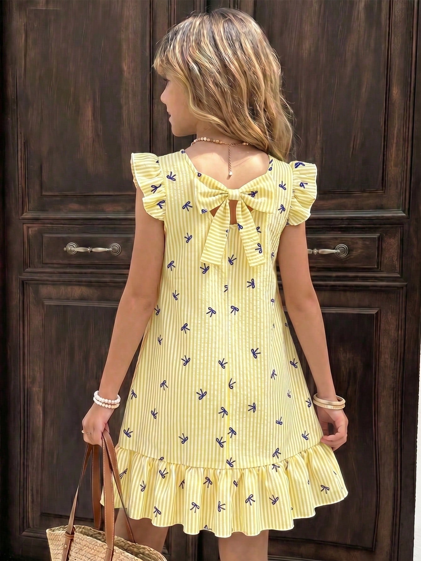 Tween girls apricot vacation midi dress featuring a round neck, cut out details, ruffle flounce accents, and geometric pattern.