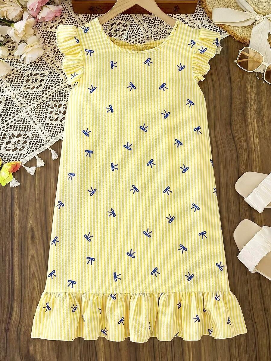 Tween girls apricot vacation midi dress featuring a round neck, cut out details, ruffle flounce accents, and geometric pattern.