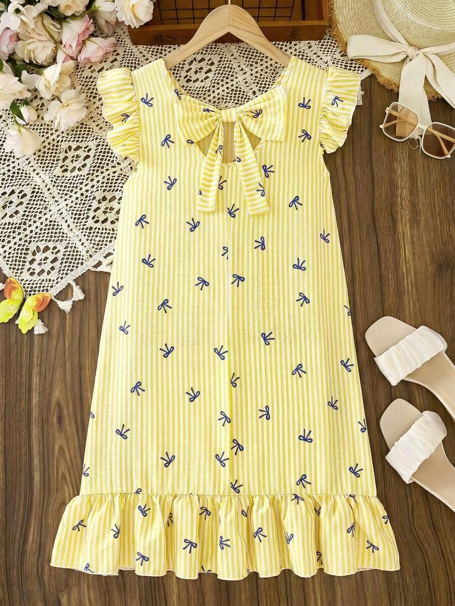 Tween girls apricot vacation midi dress featuring a round neck, cut out details, ruffle flounce accents, and geometric pattern.
