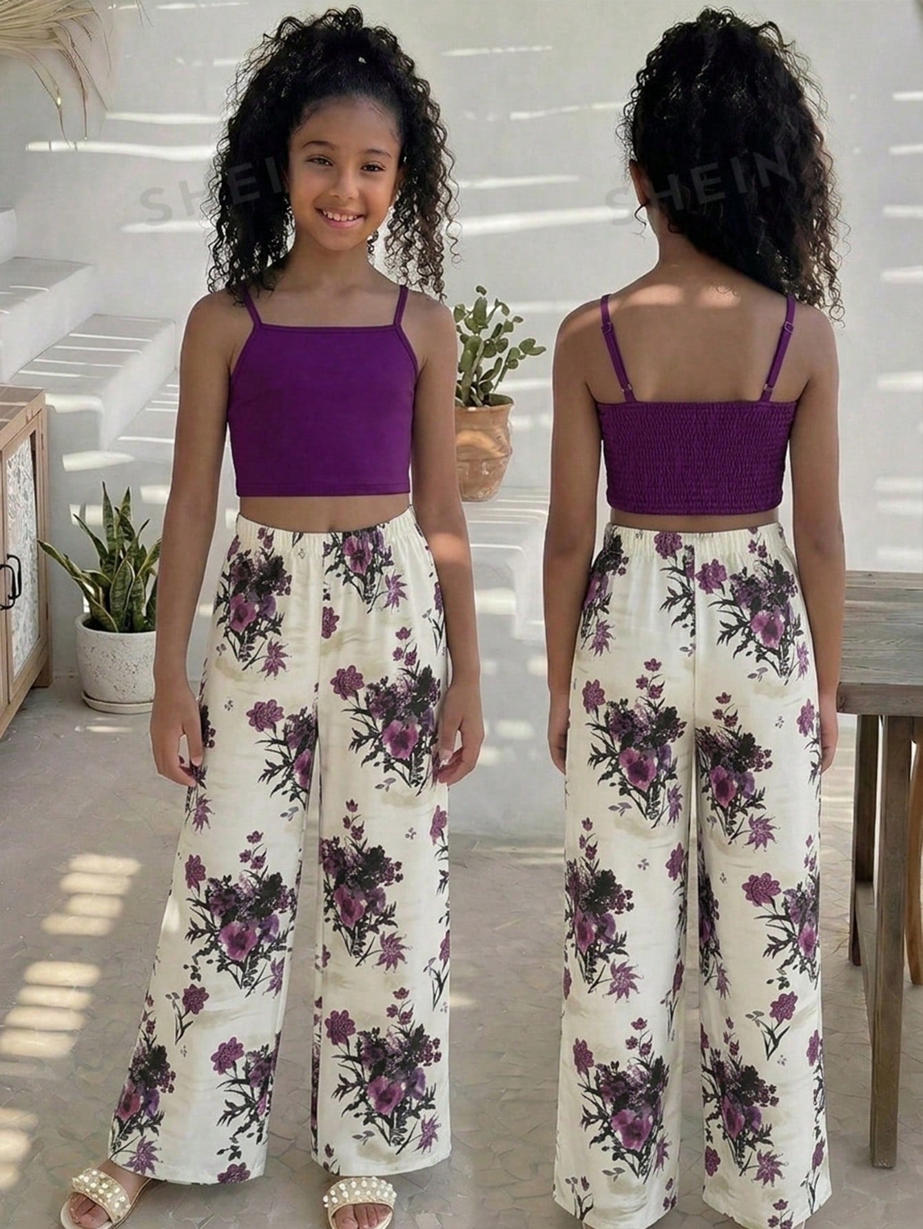 Tween girls casual 2-piece set featuring an apricot woven camisole crop top with back shirring and matching high-waisted loose long pants.