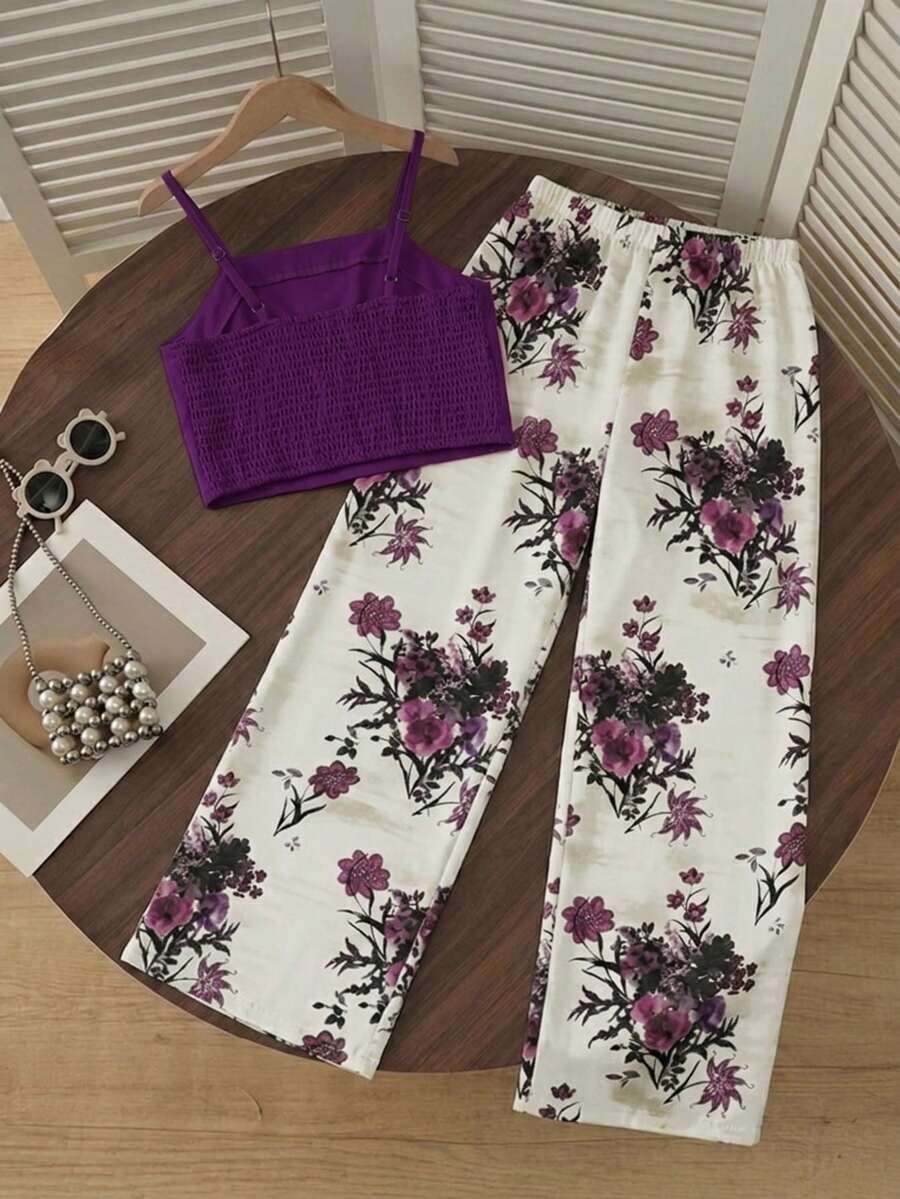 Tween girls casual 2-piece set featuring an apricot woven camisole crop top with back shirring and matching high-waisted loose long pants.