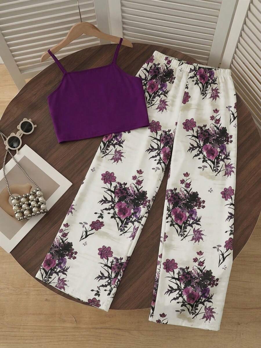 Tween girls casual 2-piece set featuring an apricot woven camisole crop top with back shirring and matching high-waisted loose long pants.