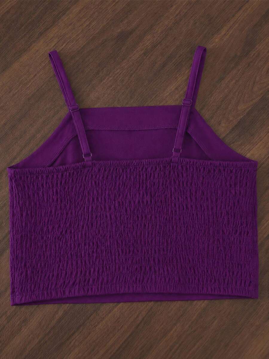 Tween girls casual 2-piece set featuring an apricot woven camisole crop top with back shirring and matching high-waisted loose long pants.