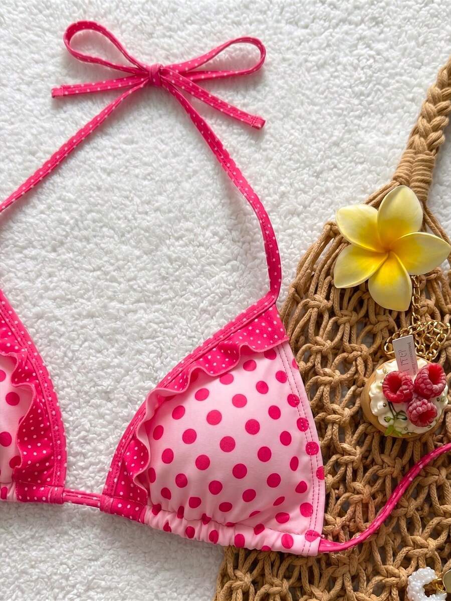 Women's ruffled halter two-piece bikini set with low waist bottoms and wireless triangle cups.