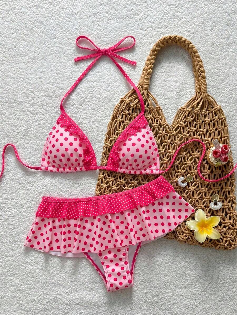Women's ruffled halter two-piece bikini set with low waist bottoms and wireless triangle cups.