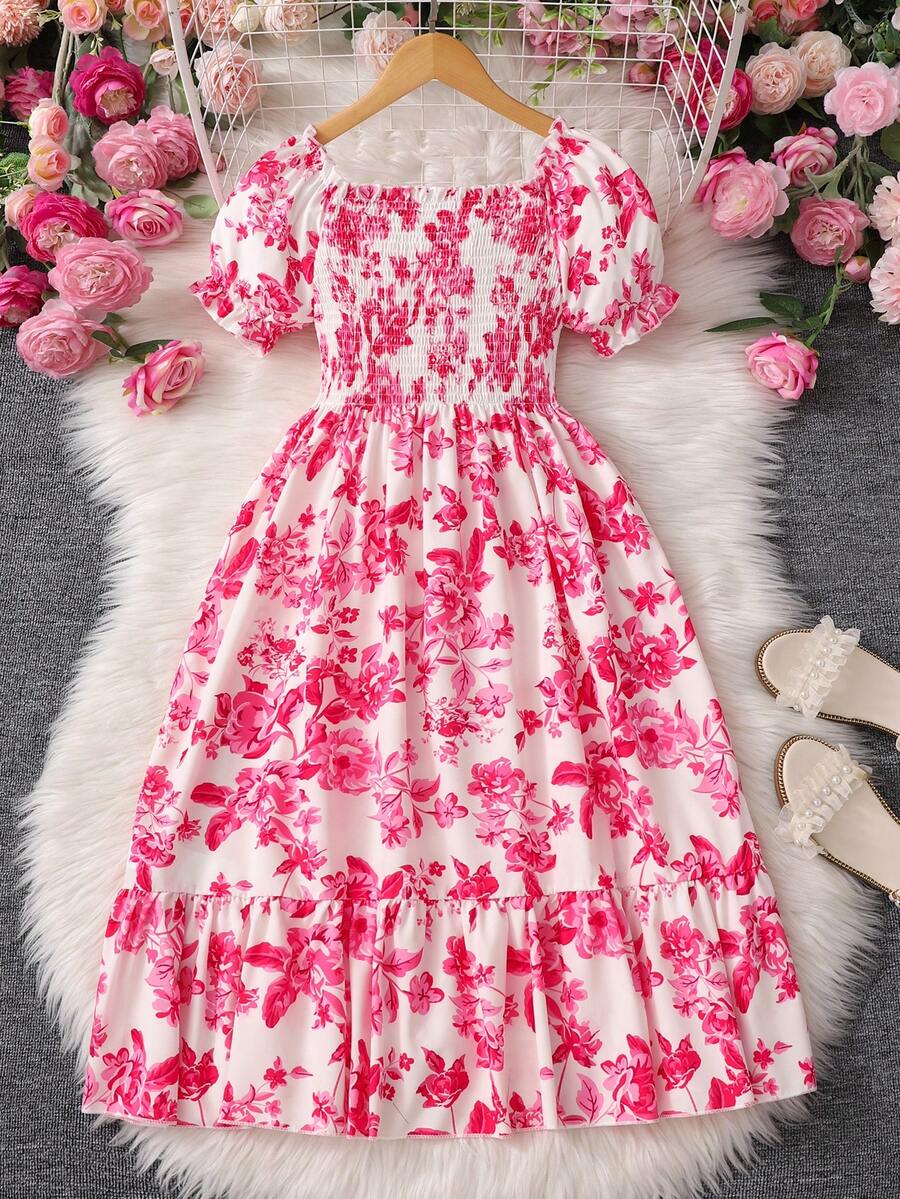 Tween girls black and white geometric short sleeve midi dress with square neck and bow front decor