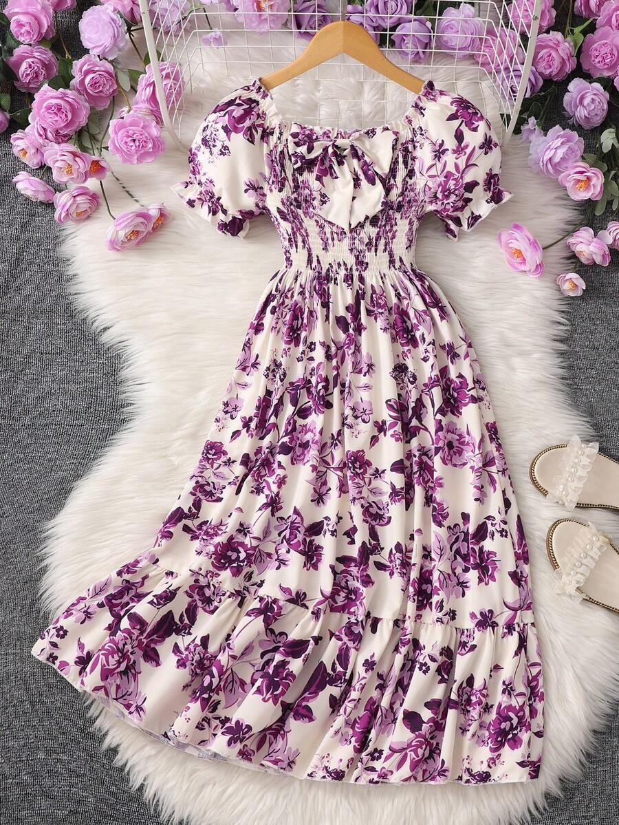 Tween girls black and white geometric short sleeve midi dress with square neck and bow front decor