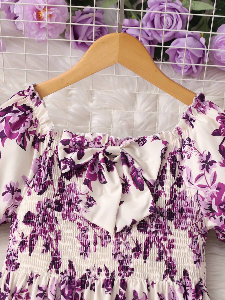 Tween girls black and white geometric short sleeve midi dress with square neck and bow front decor