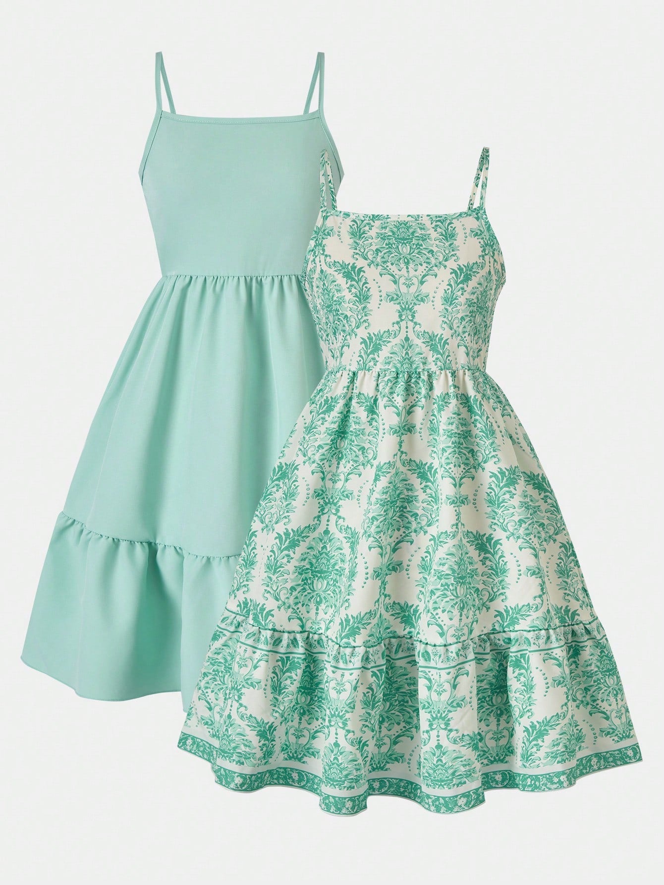 Tween girl blue plant print spaghetti strap cami dress with shirred high waist and flounce ruffled hem