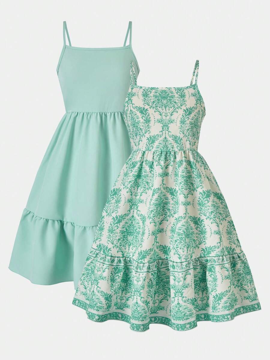 Tween girl blue plant print spaghetti strap cami dress with shirred high waist and flounce ruffled hem