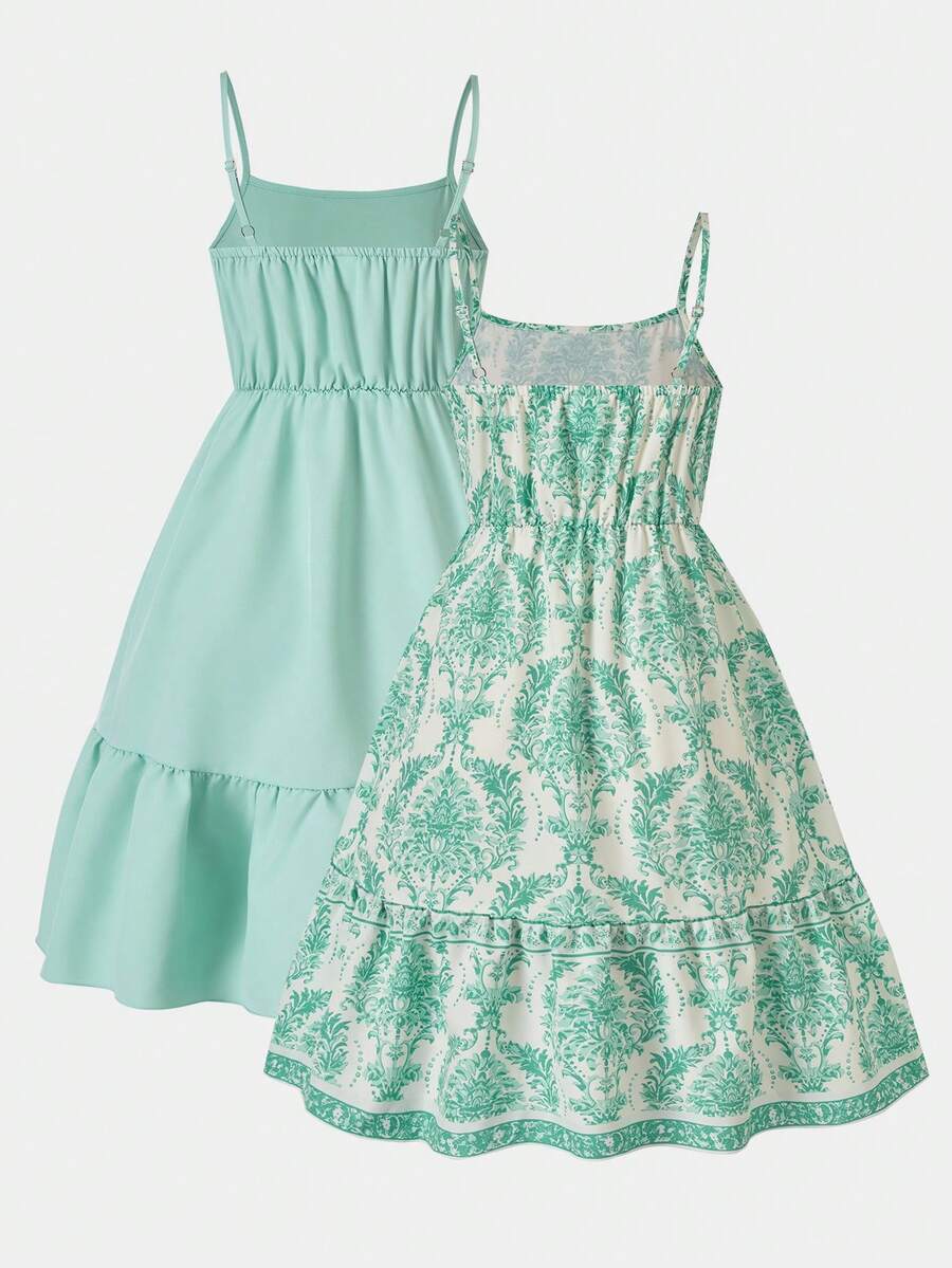 Tween girl blue plant print spaghetti strap cami dress with shirred high waist and flounce ruffled hem