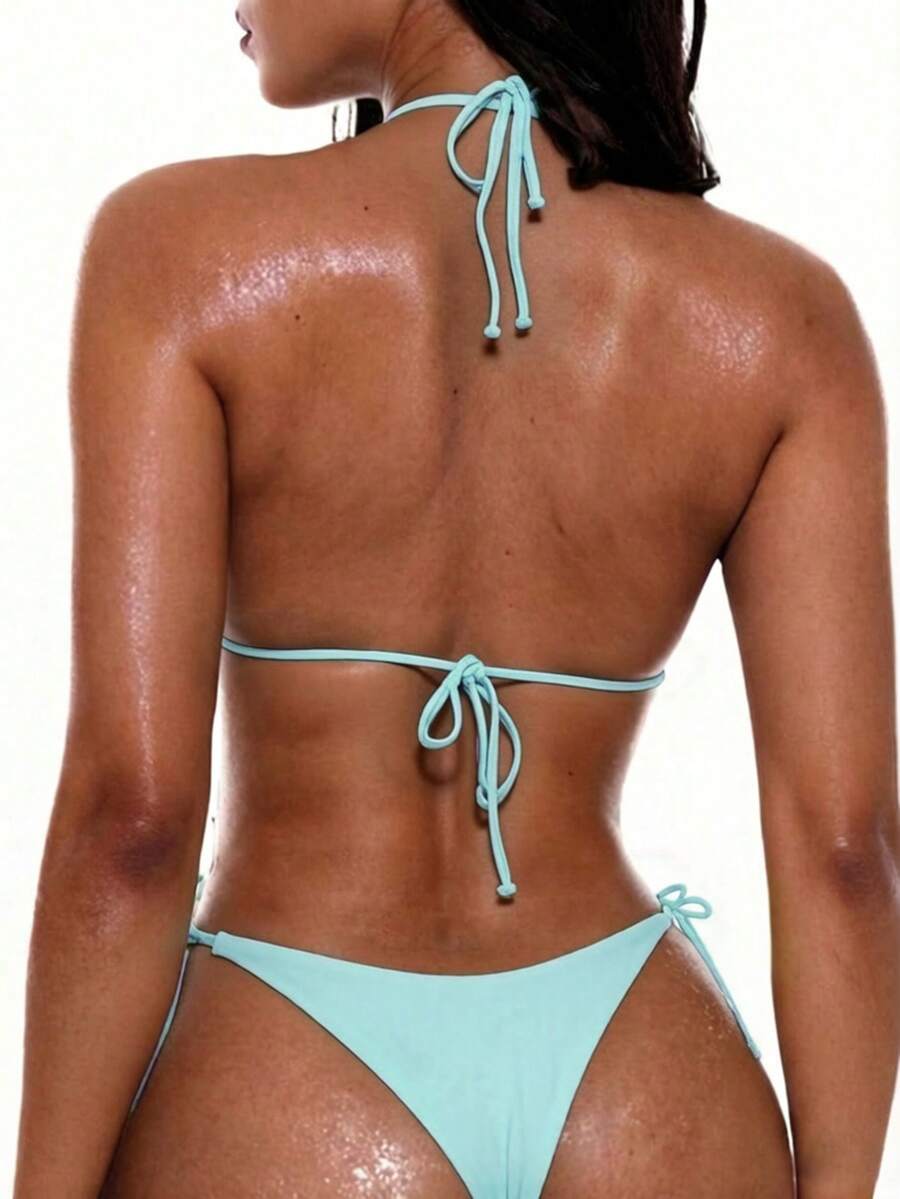 Apricot plain halter triangle bikini swimwear set with tie back top and low waist tie side thong bottom for women