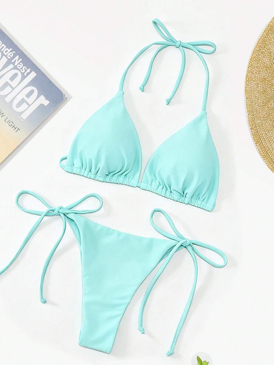 Apricot plain halter triangle bikini swimwear set with tie back top and low waist tie side thong bottom for women