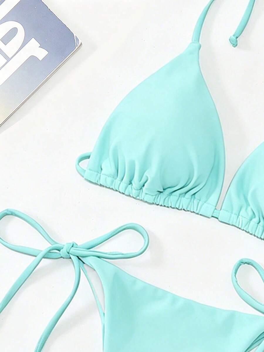 Apricot plain halter triangle bikini swimwear set with tie back top and low waist tie side thong bottom for women