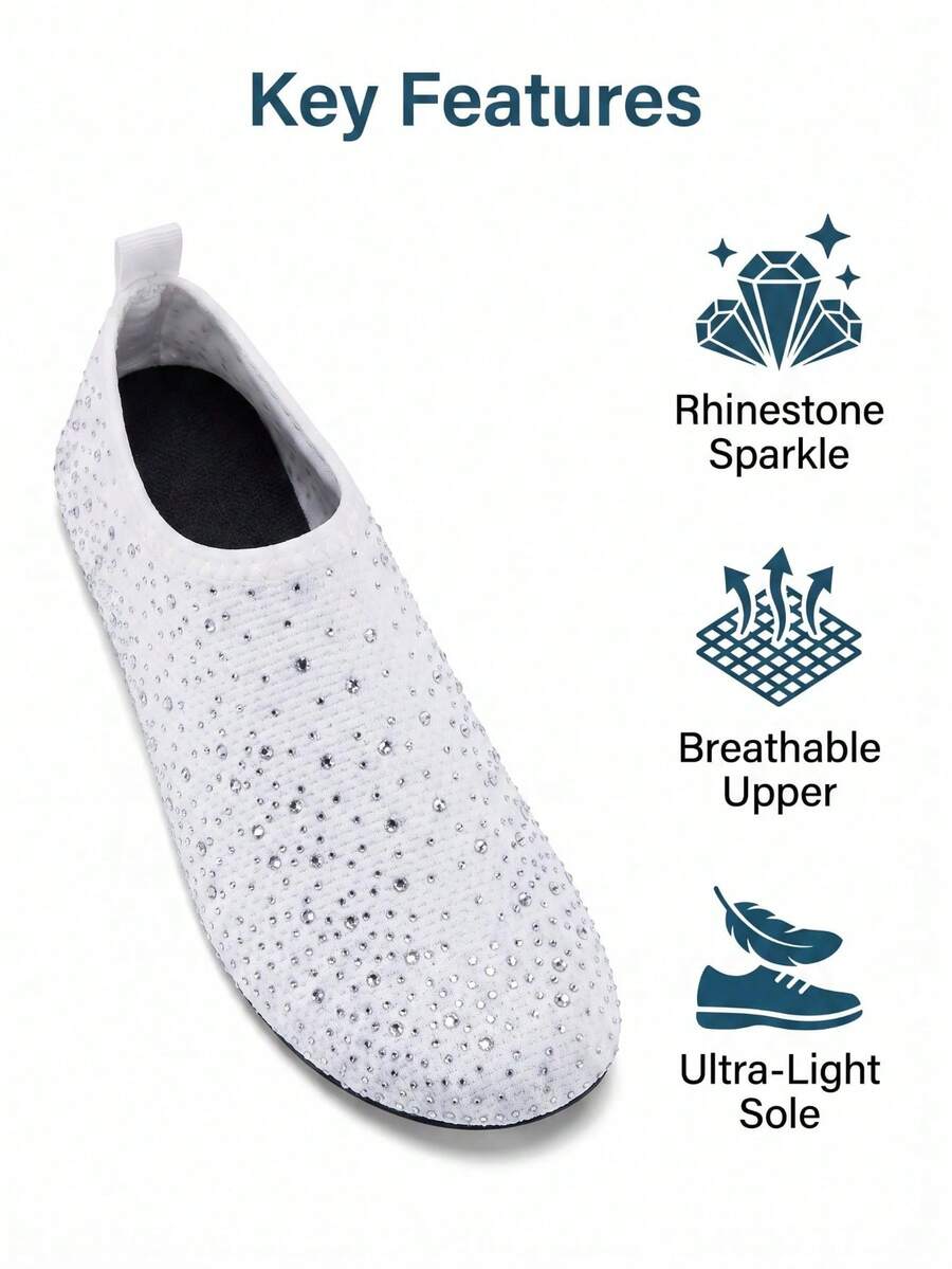 White children's slip-on water shoes with breathable mesh upper, soft EVA insole, non-slip TPR outsole, and rhinestone accent.