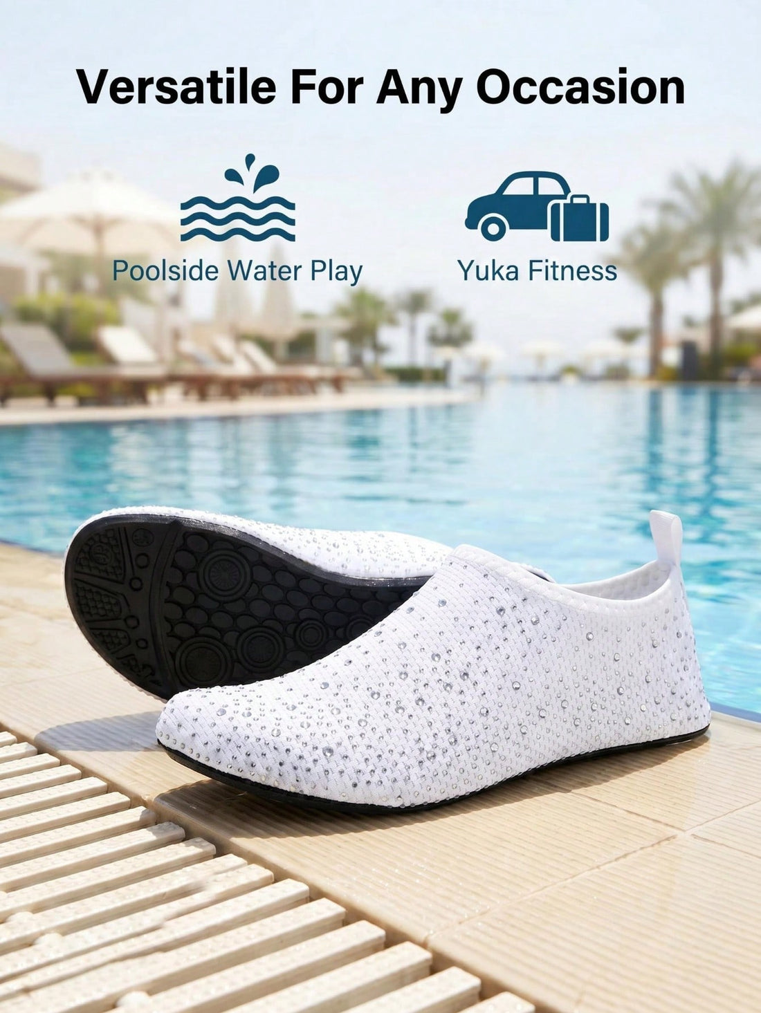White children's slip-on water shoes with breathable mesh upper, soft EVA insole, non-slip TPR outsole, and rhinestone accent.