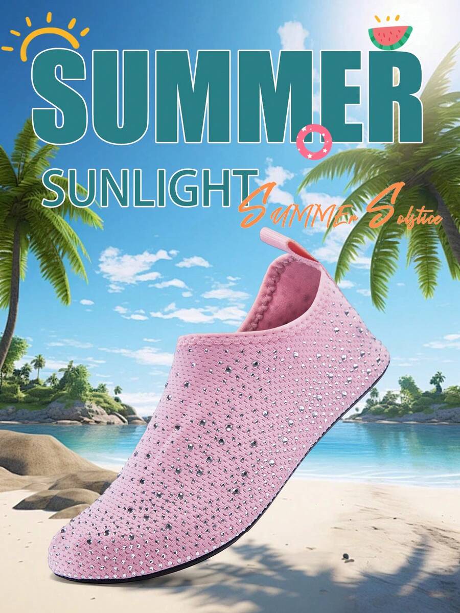 White children's slip-on water shoes with breathable mesh upper, soft EVA insole, non-slip TPR outsole, and rhinestone accent.
