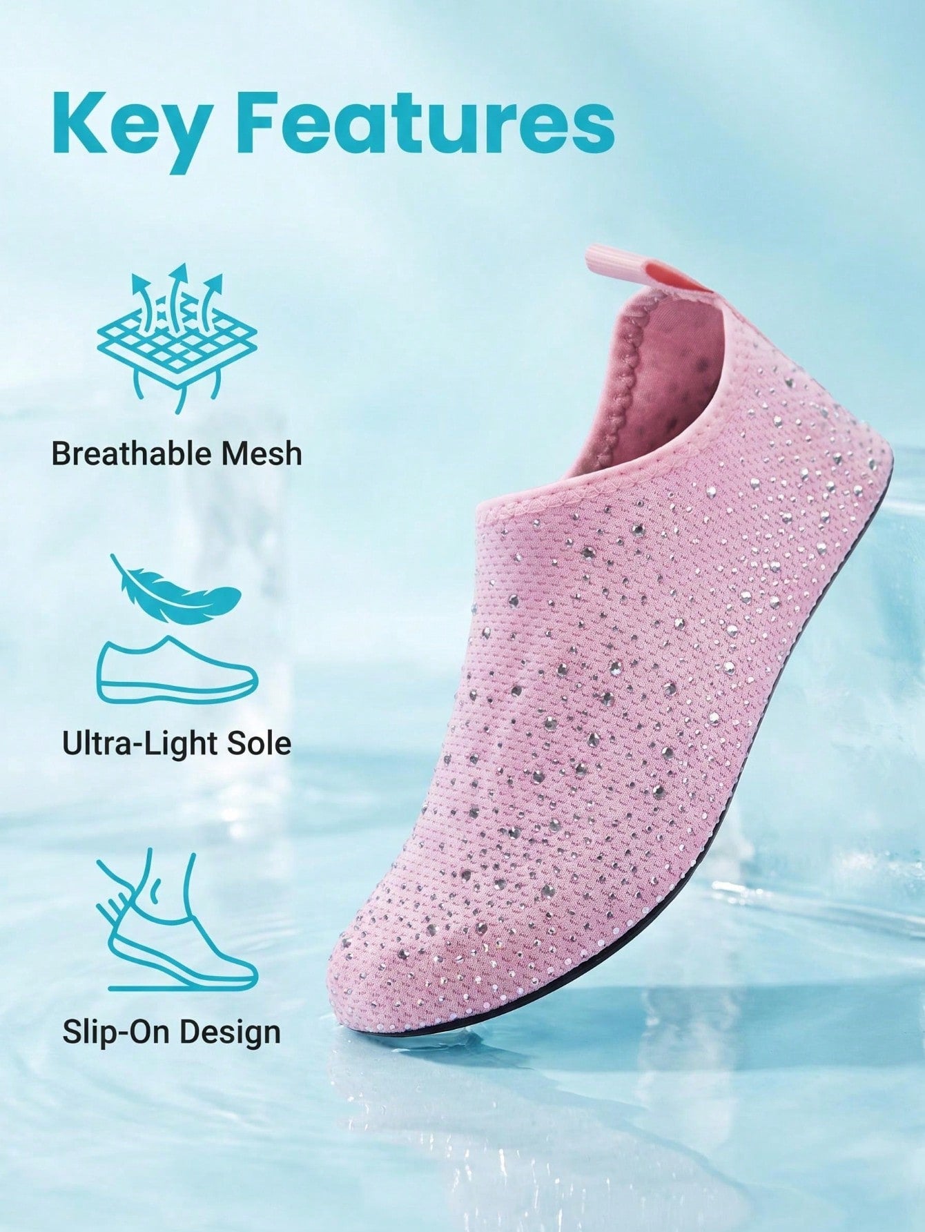 White children's slip-on water shoes with breathable mesh upper, soft EVA insole, non-slip TPR outsole, and rhinestone accent.