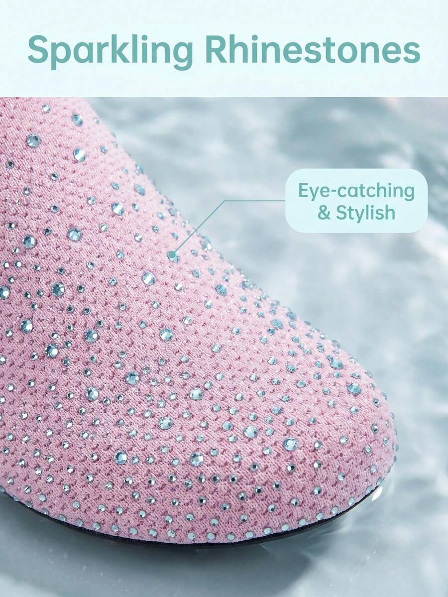 White children's slip-on water shoes with breathable mesh upper, soft EVA insole, non-slip TPR outsole, and rhinestone accent.