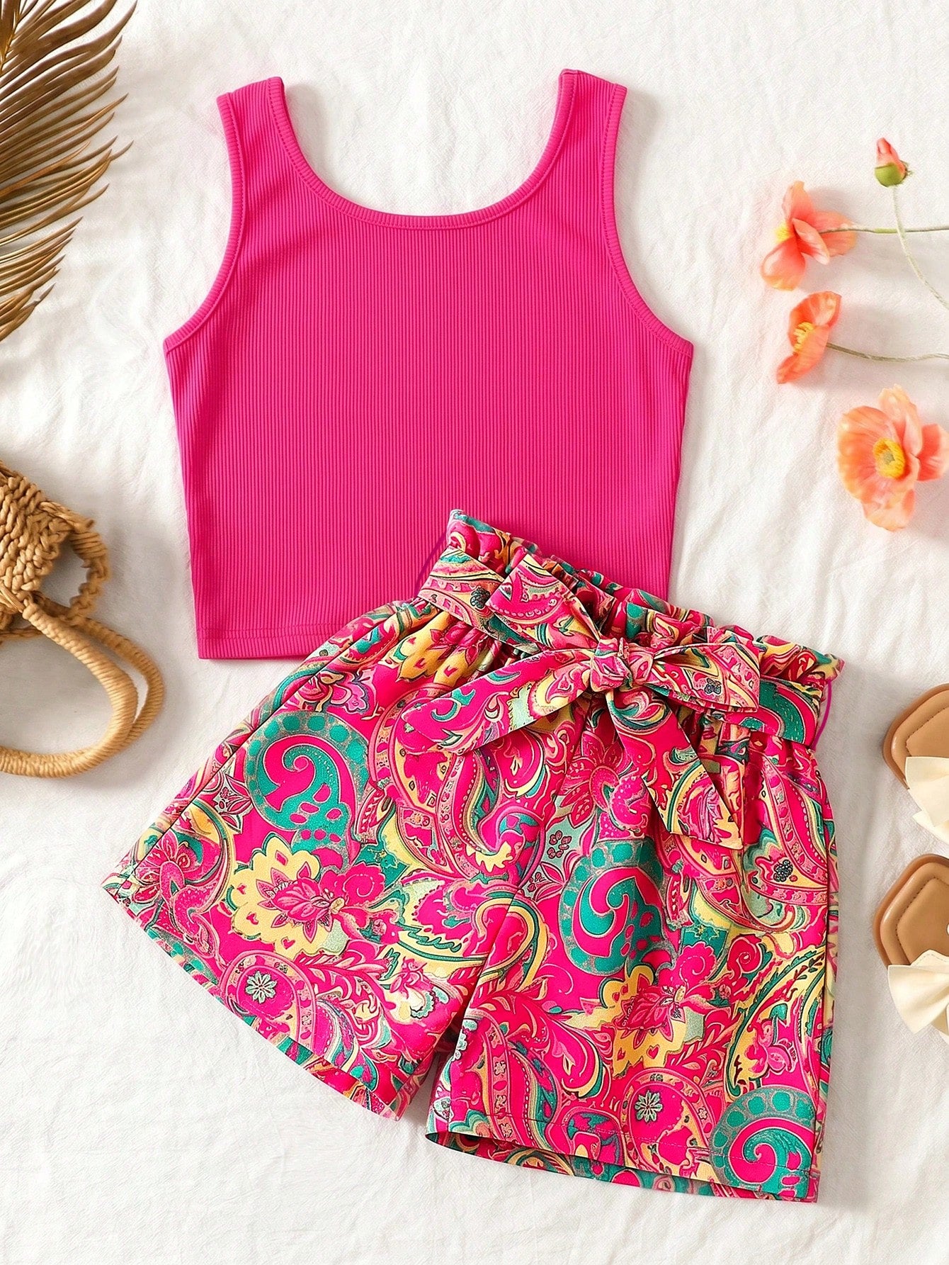 Tween girl wearing a casual 2-piece set featuring a black rib-knit scoop neck tank top and leopard print paperbag waist shorts with a matching belt.