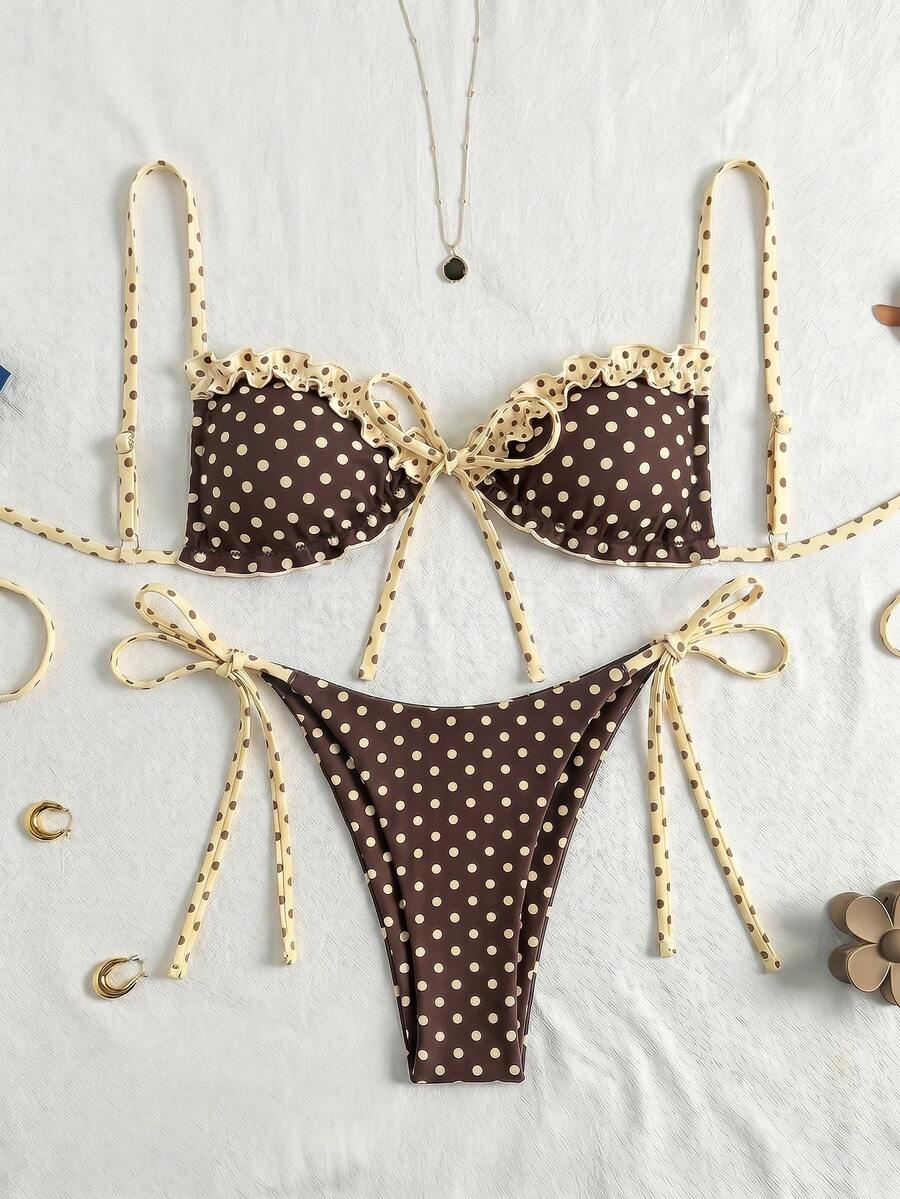 Women's beige two-piece bikini set featuring a wireless top with removable padding, spaghetti straps, tie back detail, and low waist hipster swimsuit bottoms.
